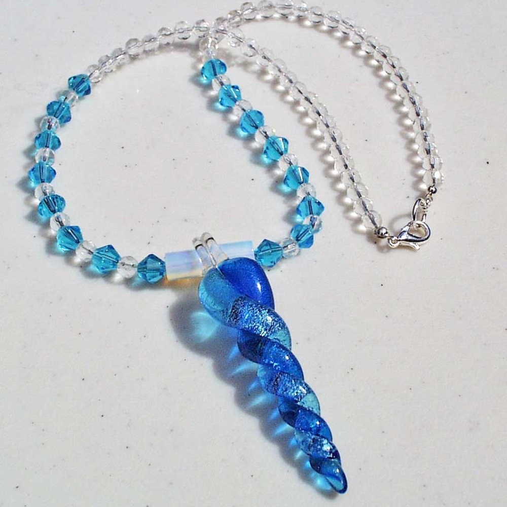 LAMPWORK GLASS ICICLE SPIRAL NECKLACE, 20 INCHES LONG, WITH FAUX SEA OPAL TUBES